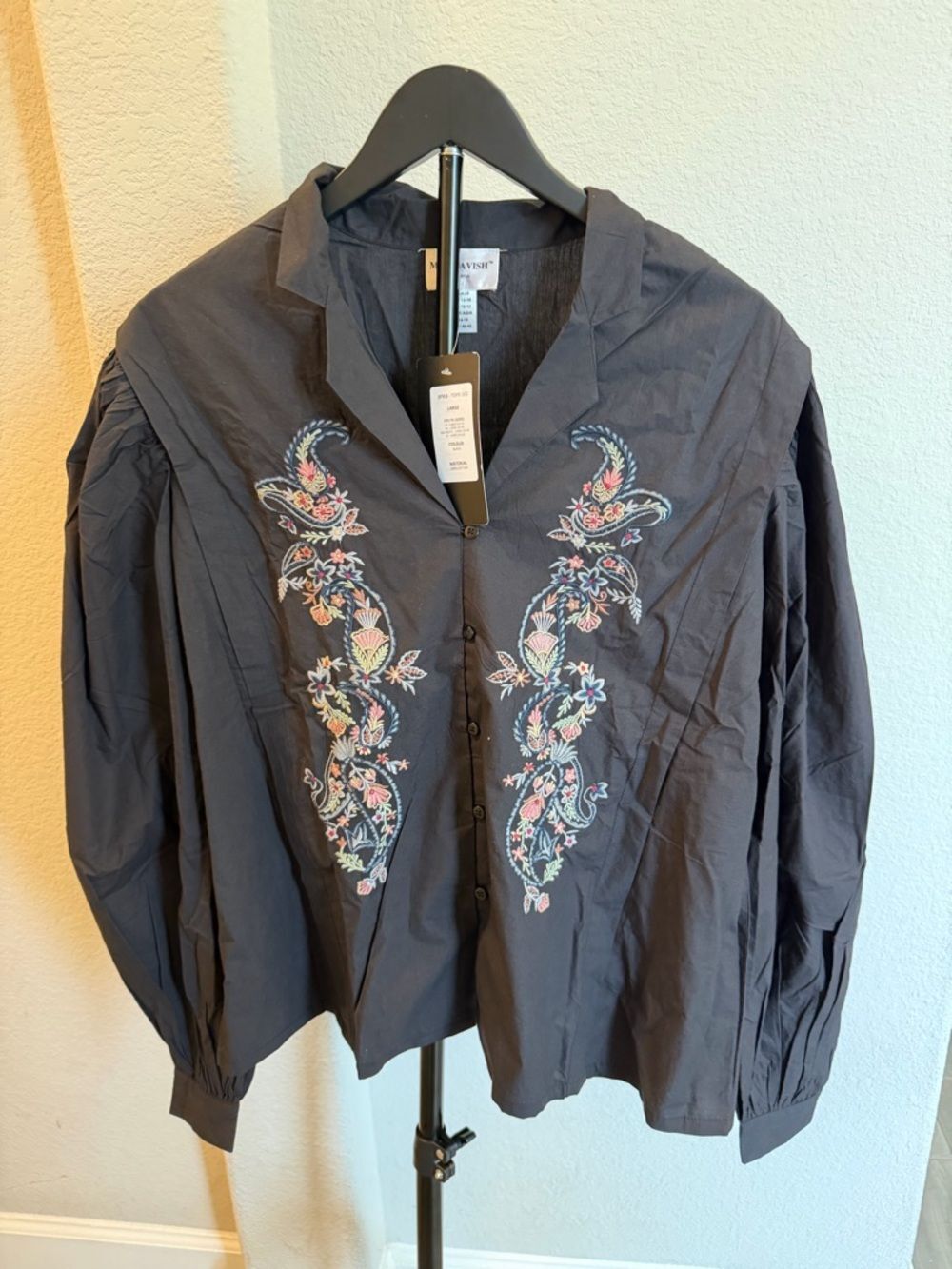 miss Lavish Embroidered Button Front Blouse Black Long Sleeve Floral Size L NWT